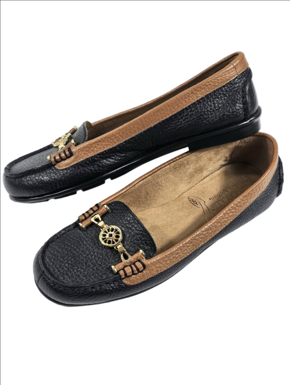 Aerolsoles Stitch N Turn Nuwlywed Black Tan Leather Slip On Comfort Loafer